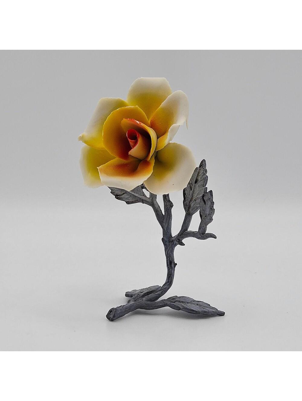 Vintage Porcelain Rose Sculpture Yellow White Flower Metal Stem Figurine